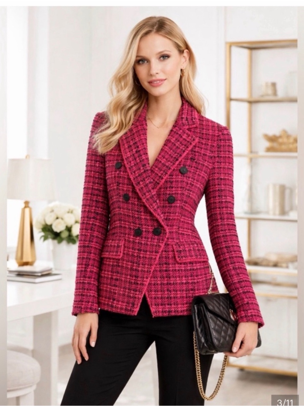 Generation Love Fuchsia Tweed Double-Breasted Blazer